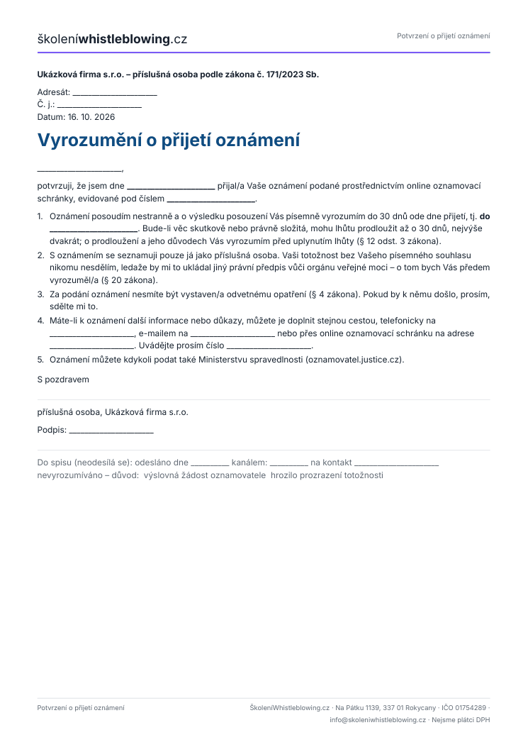 Ukázka: první strana potvrzení o přijetí oznámení